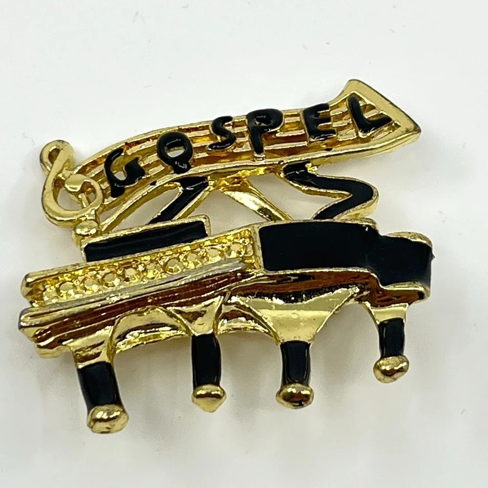 Vintage Gold Tone Gospel Piano Music Brooch Pin Retro Black Enamel Classic